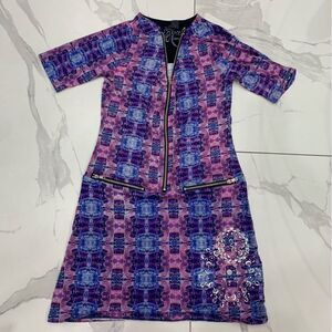 Desigual Hilary Dress Women's Medium Front Zip Multicolor Knee Length V-Neck